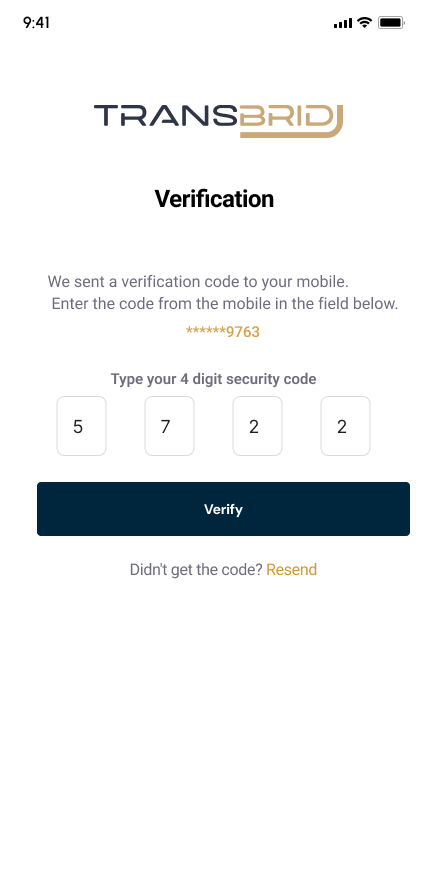 Transbridj verification code screen